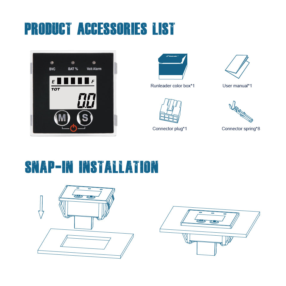 Runleader 12V to 48V Digital LCD Battery Capacity Monitor Hours Volt Meter Gauge