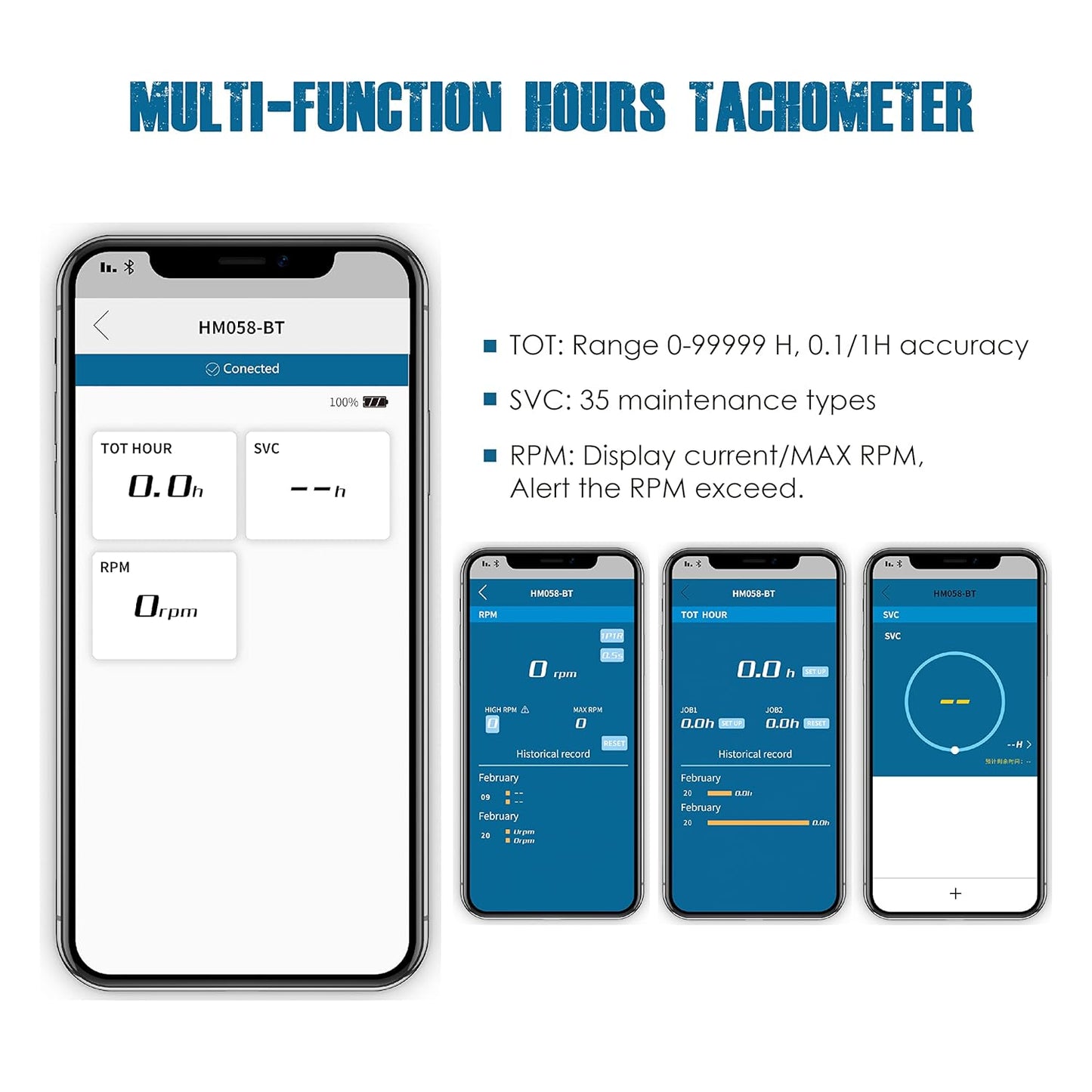 Runleader RL-HM058-BT Bluetooth Shunt Tach Hour Meter, Works by Replaceable Battery and DC 12V Power. (RL-HM058-BT)