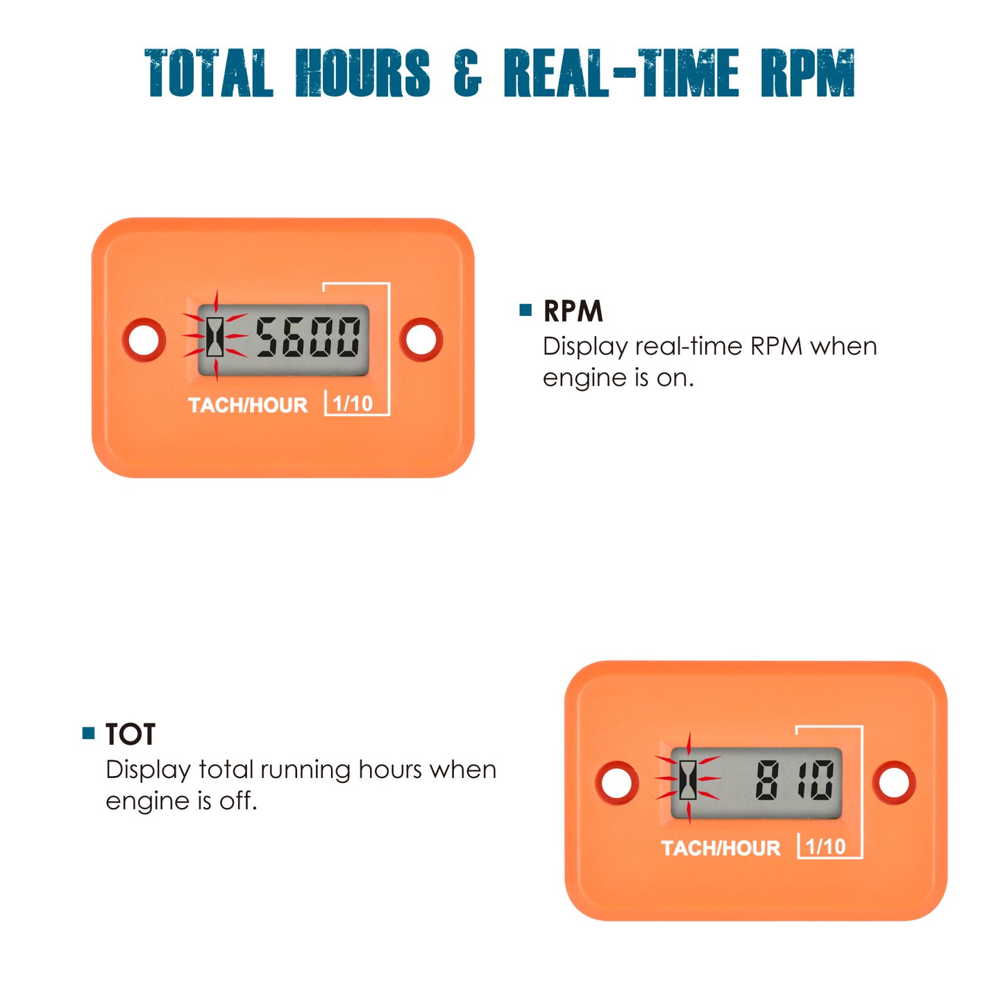 Runleader RL-HM012 Digital Mini Tach Hour Meter, TOT Hours Accumulate, Real-time RPM Display, Battery Operation for ZTR Lawn Mower Tractor Generator