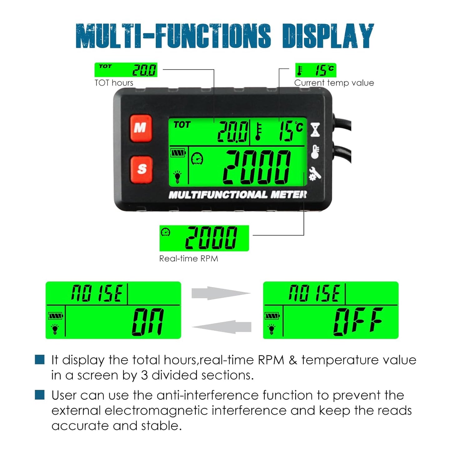 Runleader RL-HM058C Digital Engine Temperature Meter,Tach/Hour Meter,Battery Replacement and DC5V to 30V External Power Supply for Gasoline Engine Garden Tractor Generator Motorcycle Outboard Motor etc.