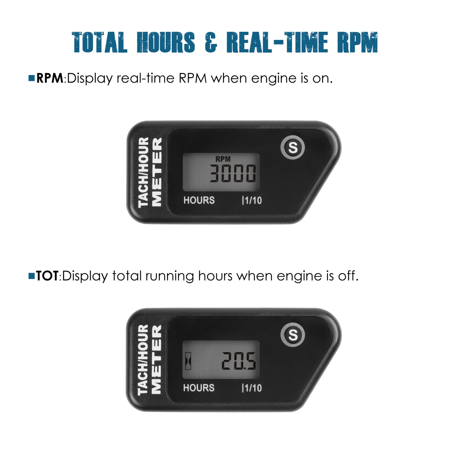 Runleader Digital LCD Hours Tachometer, Hours & RPM Display, Waterproof Design, appliable to Lawn Mower Generator Compressor Motorcycle Chainsaw
