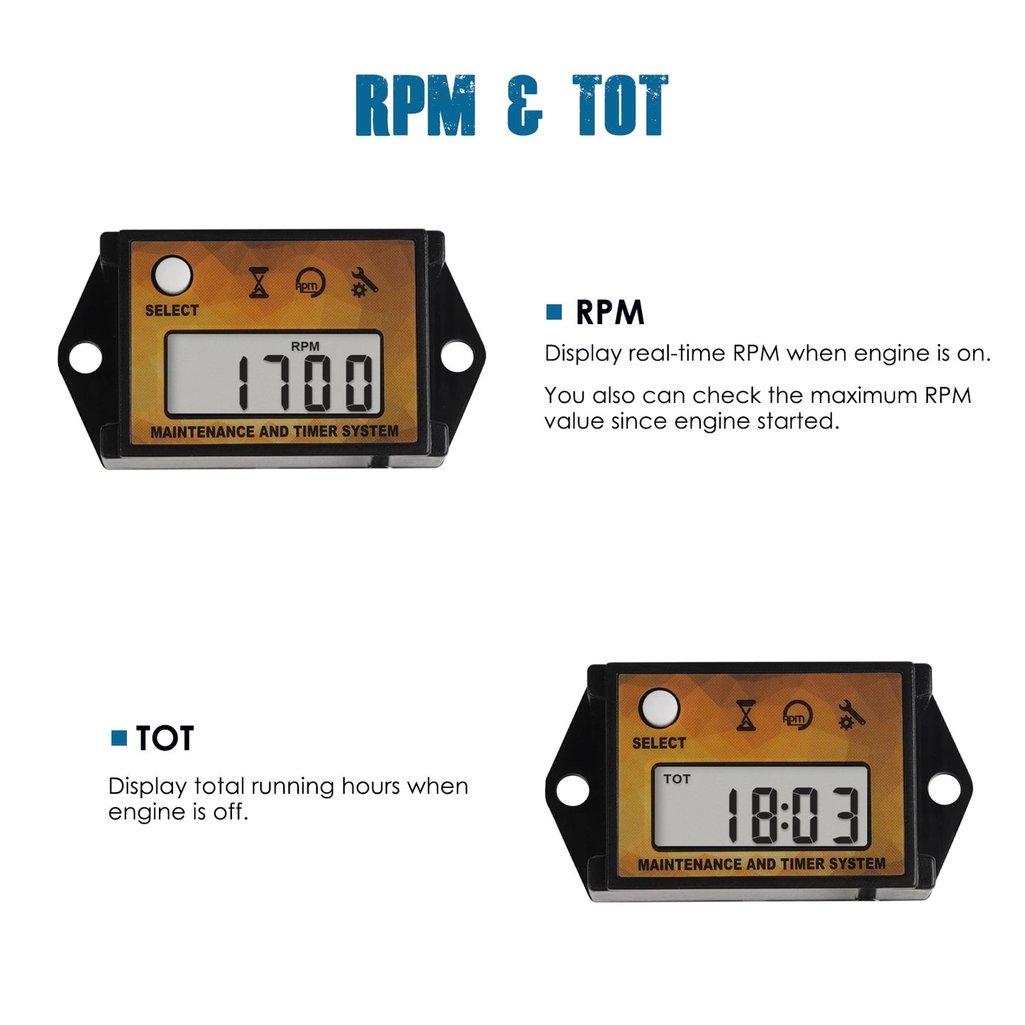 Runleader Small Engine Hour Meter, Digital Tachometer, Maintenance Reminder, Max RPM Recall User Shutdown for ZTR Lawn Mower Gas Powered Equipment