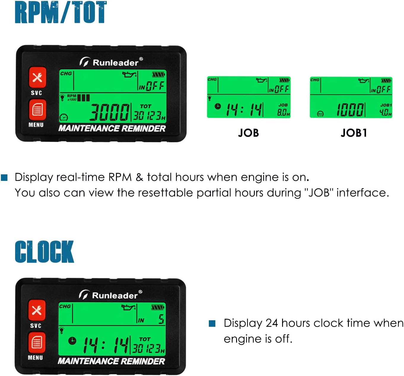 Runleader RL-HM058G Digital Self Powered Hour Meter Tachometer,RPM Alert, Multiple Maintenance Reminders,Backlights Display & Selection for Lawn Mower Generator ATV Outboards Snowblower Motorcycle