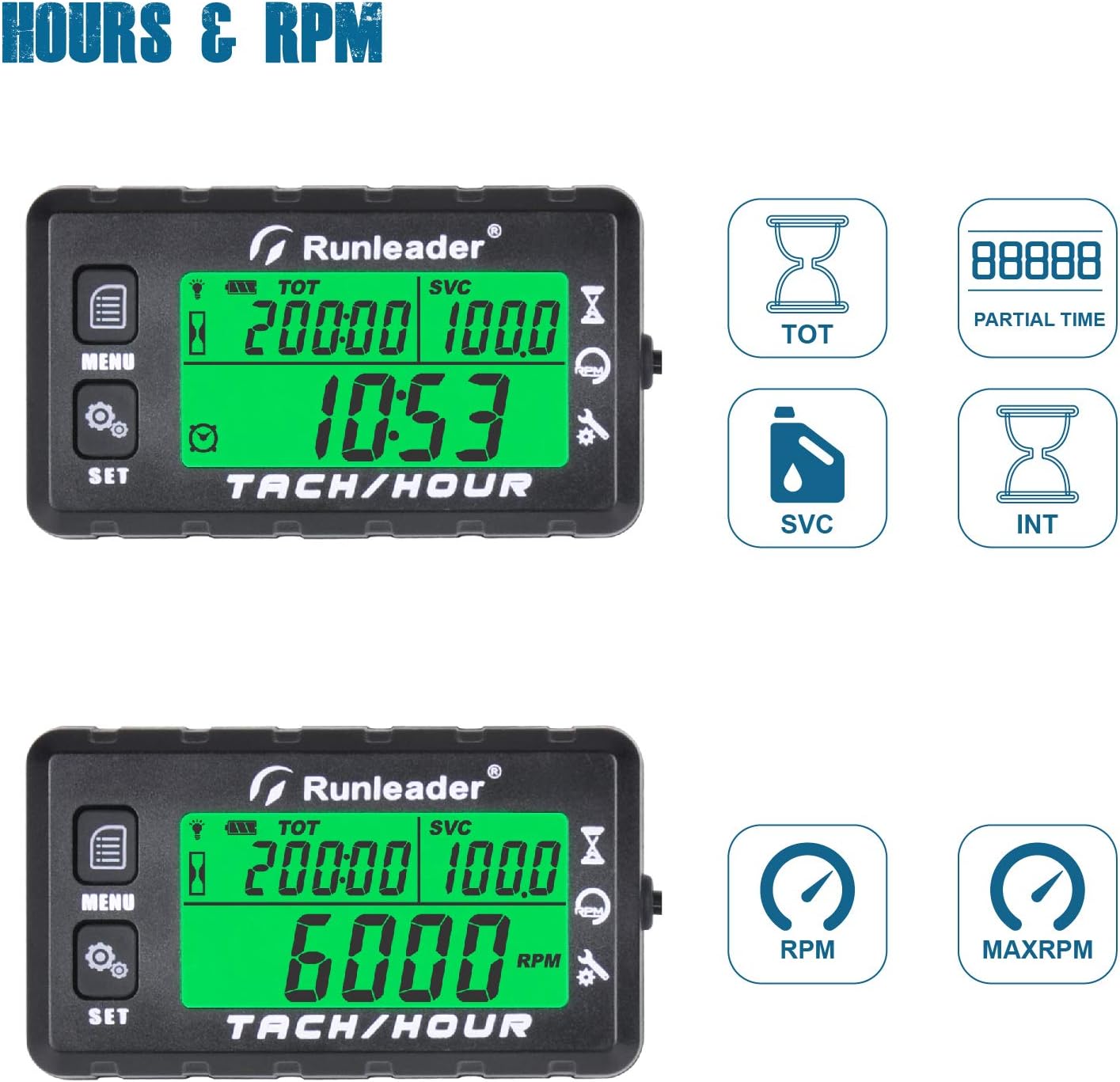 Runleader RL-HM058A Digital Self-Powered Hours Tachometer,Maintenance Reminder,Backlights Display, Replaceable Battery for Lawn Tractor Log Splitter Generator Compressor Motorcycle ATV Snowmobile.