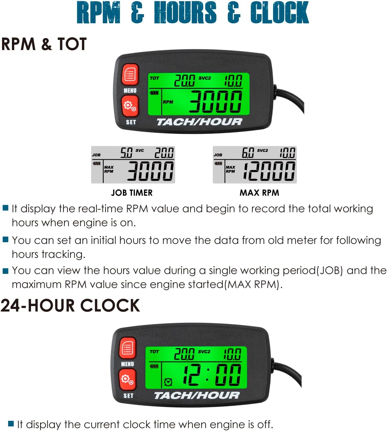 Runleader RL-HM032J Digital Tach/Hour Meter with Alligator Clip, Maintenance Reminder for Garden Tractor Generator Motorcycle Outboard Motor Chainsaw etc.