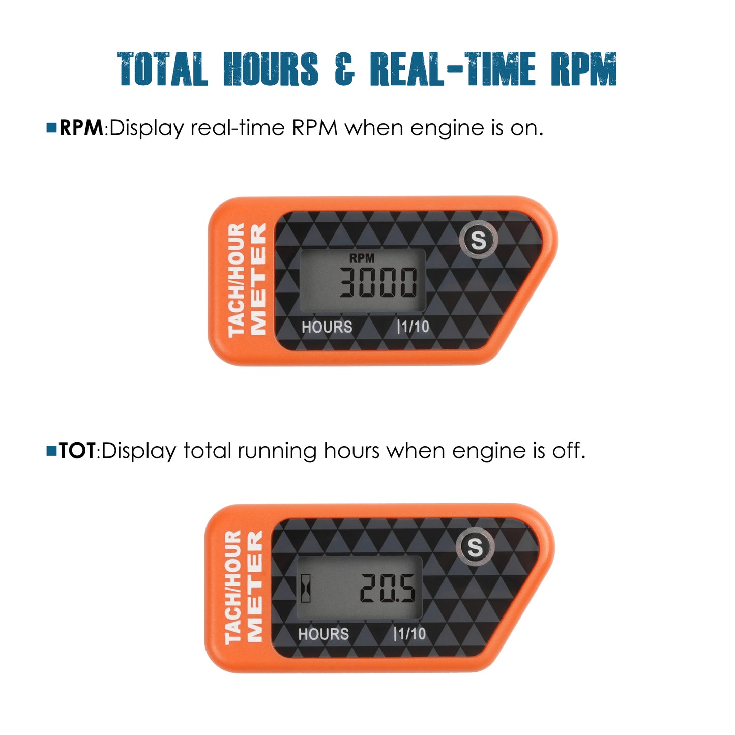 Runleader Digital LCD Hours Tachometer, Hours & RPM Display, Waterproof Design, appliable to Lawn Mower Generator Compressor Motorcycle Chainsaw