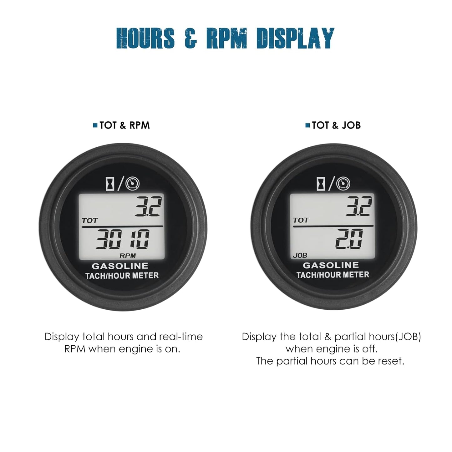 Runleader RL-HM005L Digital Engine Hour Meter Tachometer,Real-time RPM Record,Backlight Display,Snap-in Design for ZTR Lawn Mower Tractor Generator Outboard Chainsaw Marine Snowblower