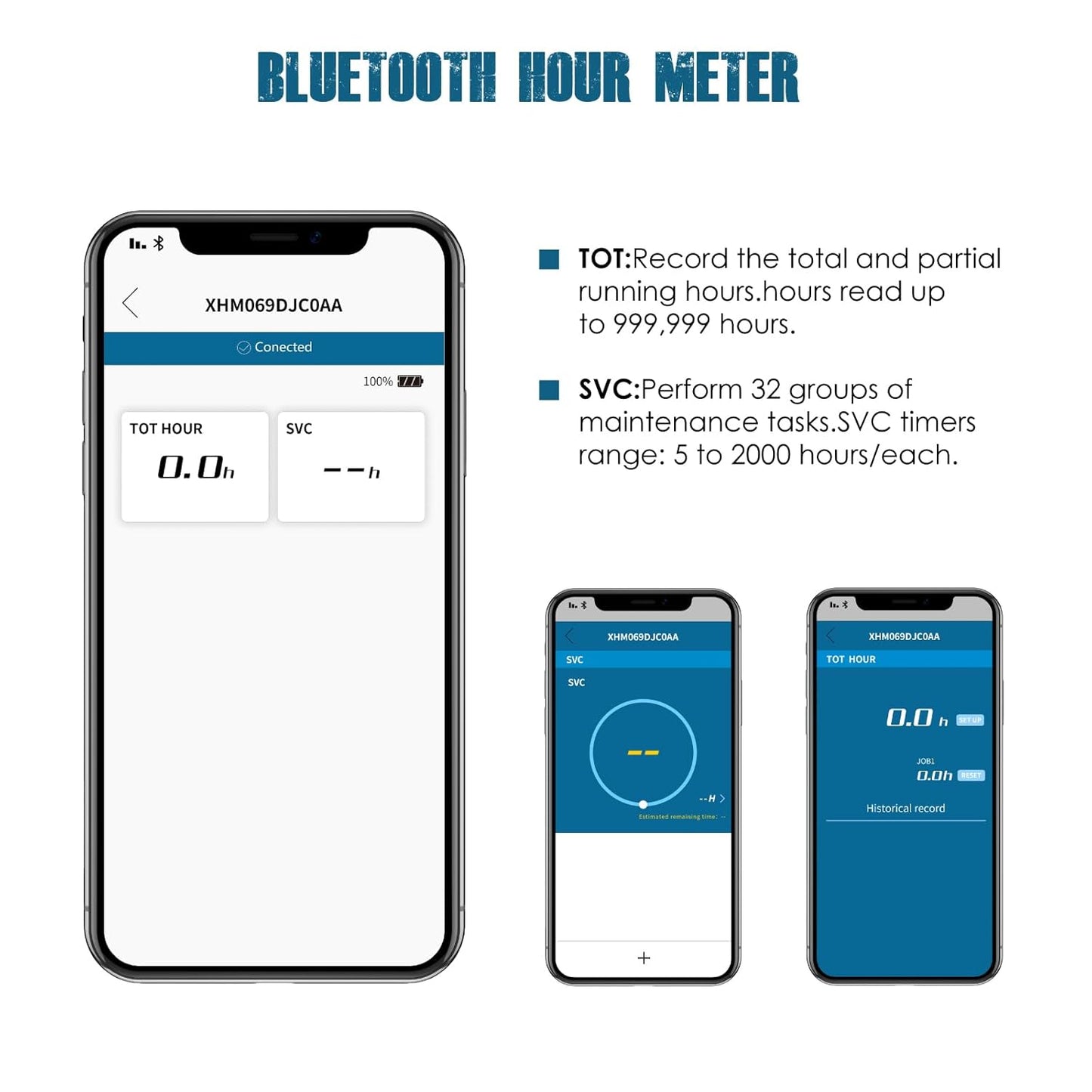 Runleader RL-HM069D LCD Digital Bluetooth Communication Hour Meter,Voltage.AC 8V to 50V/DC 8V to 65V,Multiple Maintenance Reminders,Waterproof Design for Lawn Mower Tractor Boat Snowmobile Scrubber Machine.