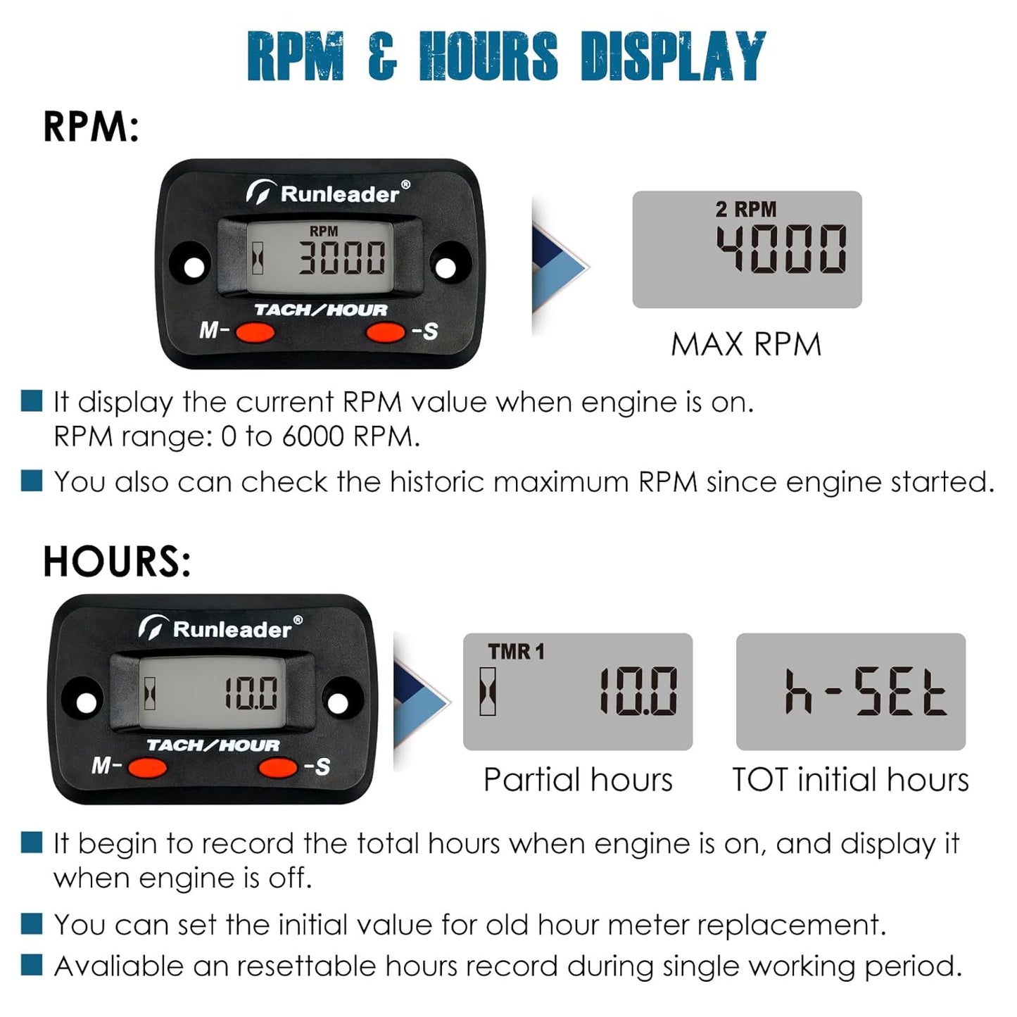 Runleader RL-HM068 Digital Tach/Hour Meter,Maintenance Reminder for Lawn Mower Generator Motorcycle ATV Outboard Motor Jetski Chainsaw etc