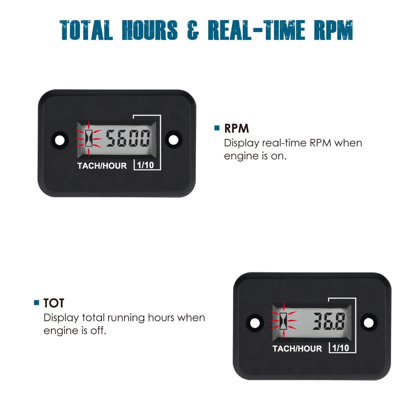 Runleader RL-HM012 Digital Mini Tach Hour Meter, TOT Hours Accumulate, Real-time RPM Display, Battery Operation for ZTR Lawn Mower Tractor Generator