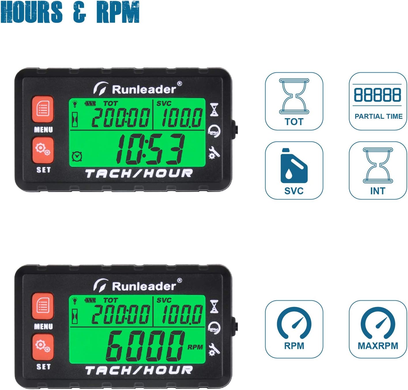 Runleader RL-HM058B Hour Meter Tachometer, Maintenance Reminder, Alert RPM Reminder, Initial Hours Settable, Battery Replaceable, Use for Lawn Mower Generator Marine ATV and Gas Powered Equipment