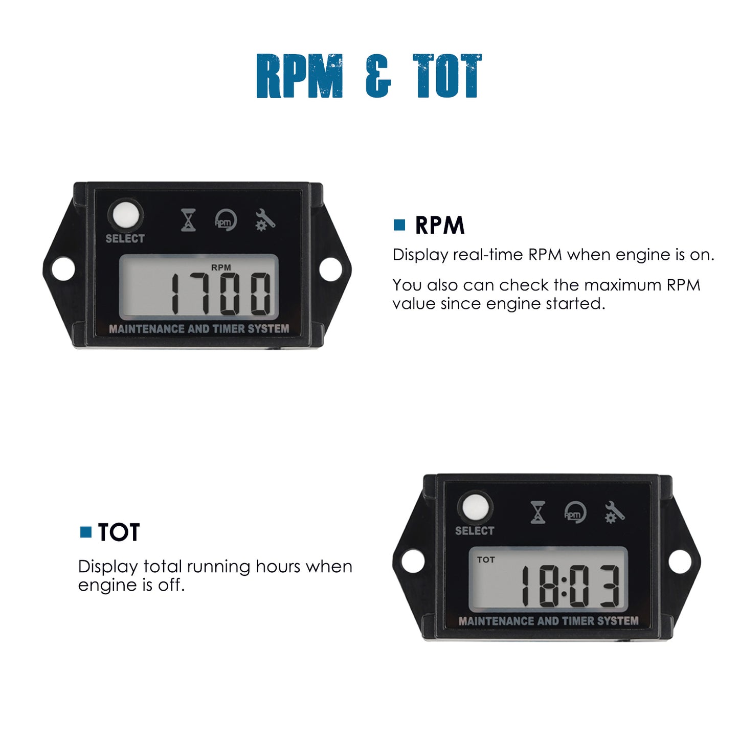 Runleader Small Engine Hour Meter, Digital Tachometer, Maintenance Reminder, Max RPM Recall User Shutdown for ZTR Lawn Mower Gas Powered Equipment
