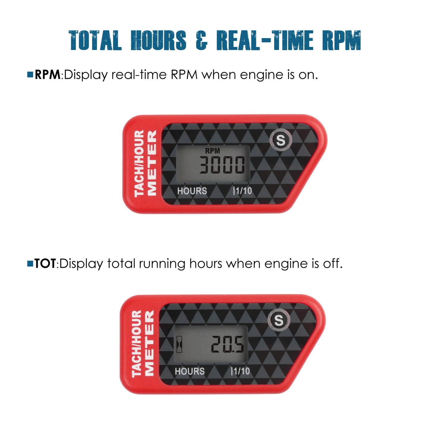 Runleader Digital LCD Hours Tachometer, Hours & RPM Display, Waterproof Design, appliable to Lawn Mower Generator Compressor Motorcycle Chainsaw