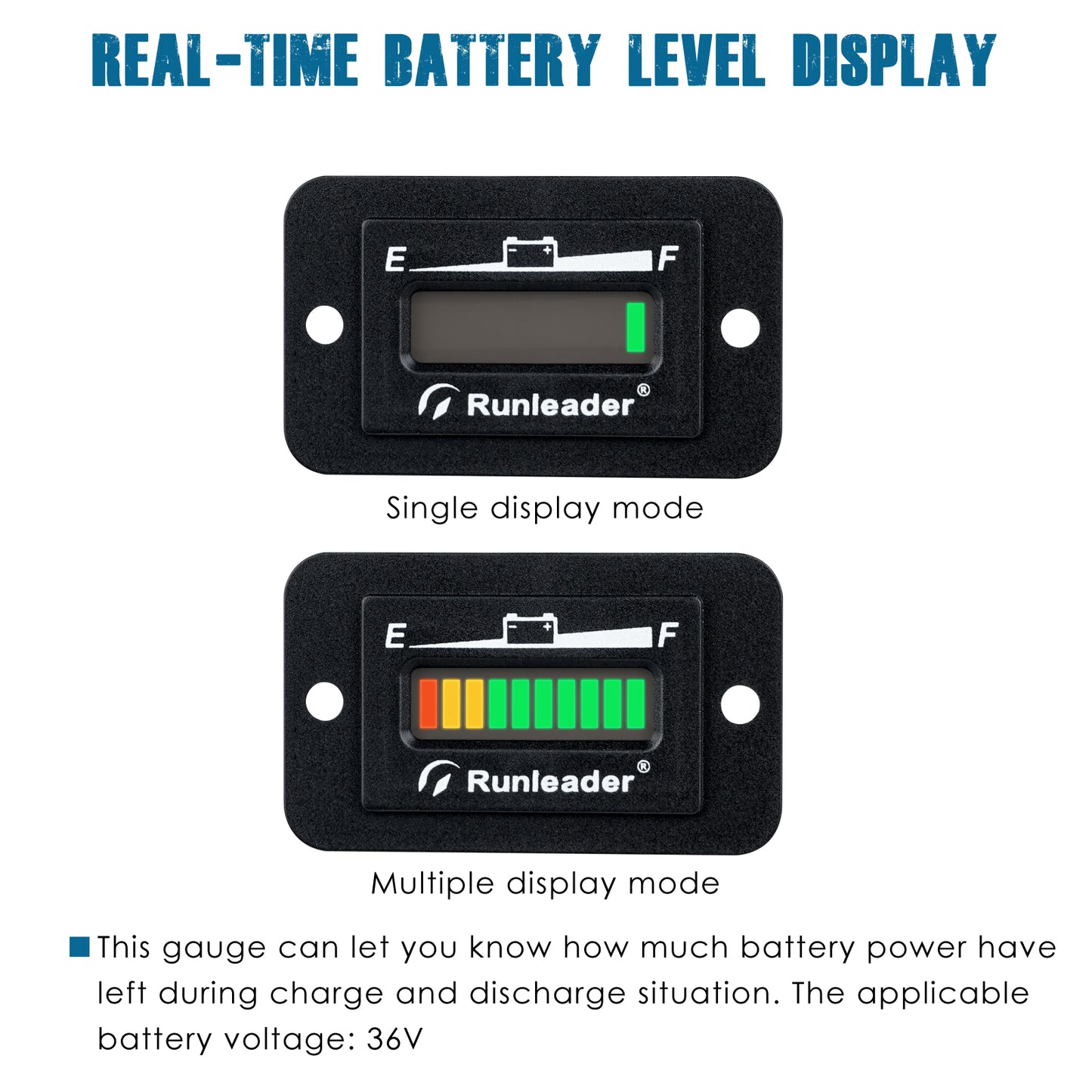 Runleader LED Battery Level Monitor, Volt. 12V/ 24V 36V 48V, Charge and Discharge Display- Only Suitable for Lead Acid Battery, Works on Golf Club Car