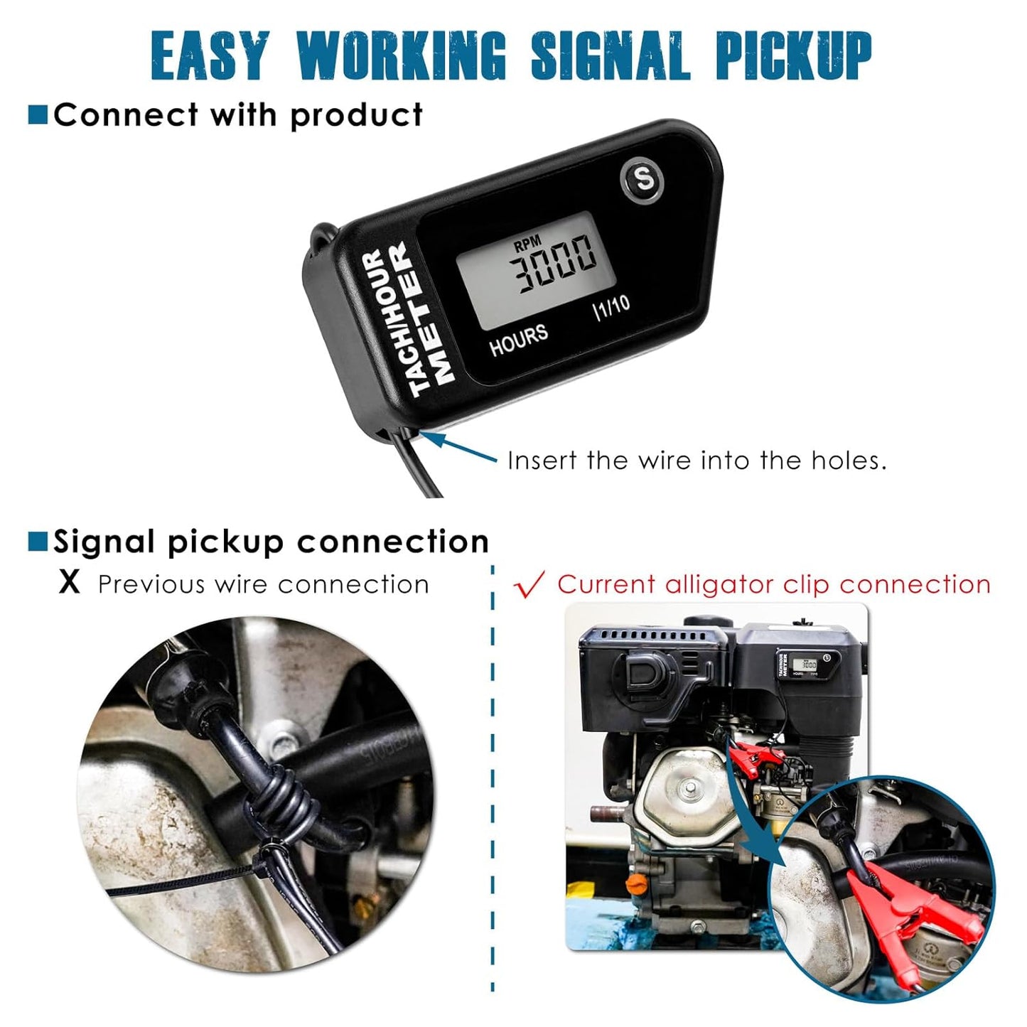 Runleader RL-HM016J Digital Hours Tachometer with Alligator Clip for Garden Tractor Generator Motorcycle ATV Outboard Motor Jetski Chainsaw etc.