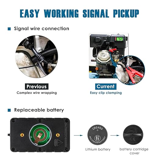 Runleader RL-HM058J Digital Hour Meter Tachometer with Alligator Clip, Maintenance Reminder for Lawn Mower Generator Motorcycle Outboard Motor Chainsaw etc.