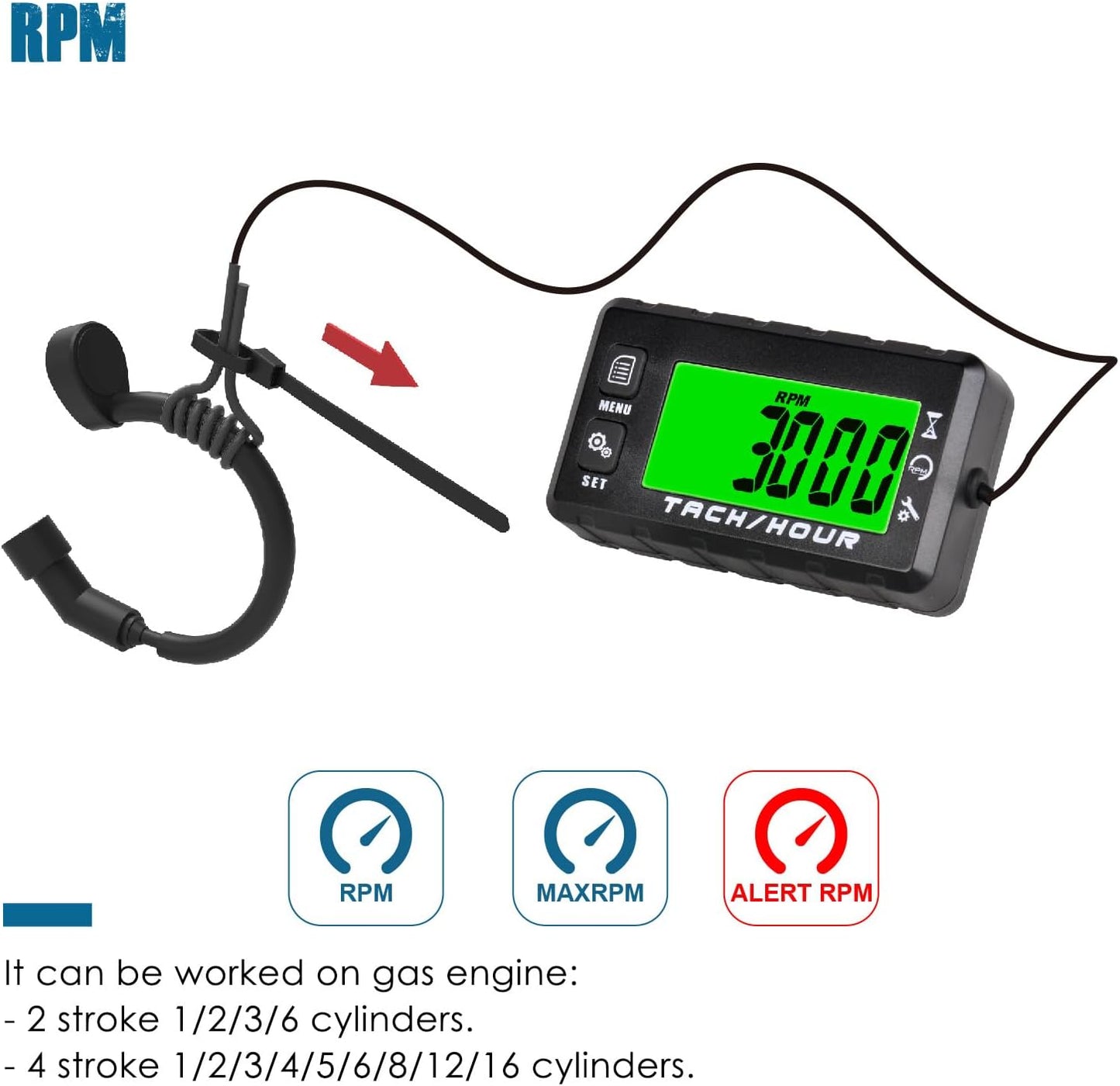 Runleader RL-HM058 Digital Self Powered Hour Meter Tachometer,Maintenance Reminder,Alert RPM Reminder,User Shutdown,Waterproof,Use for ZTR Lawn Mower Generator Marine ATV Motor and Gas Powered Equipment