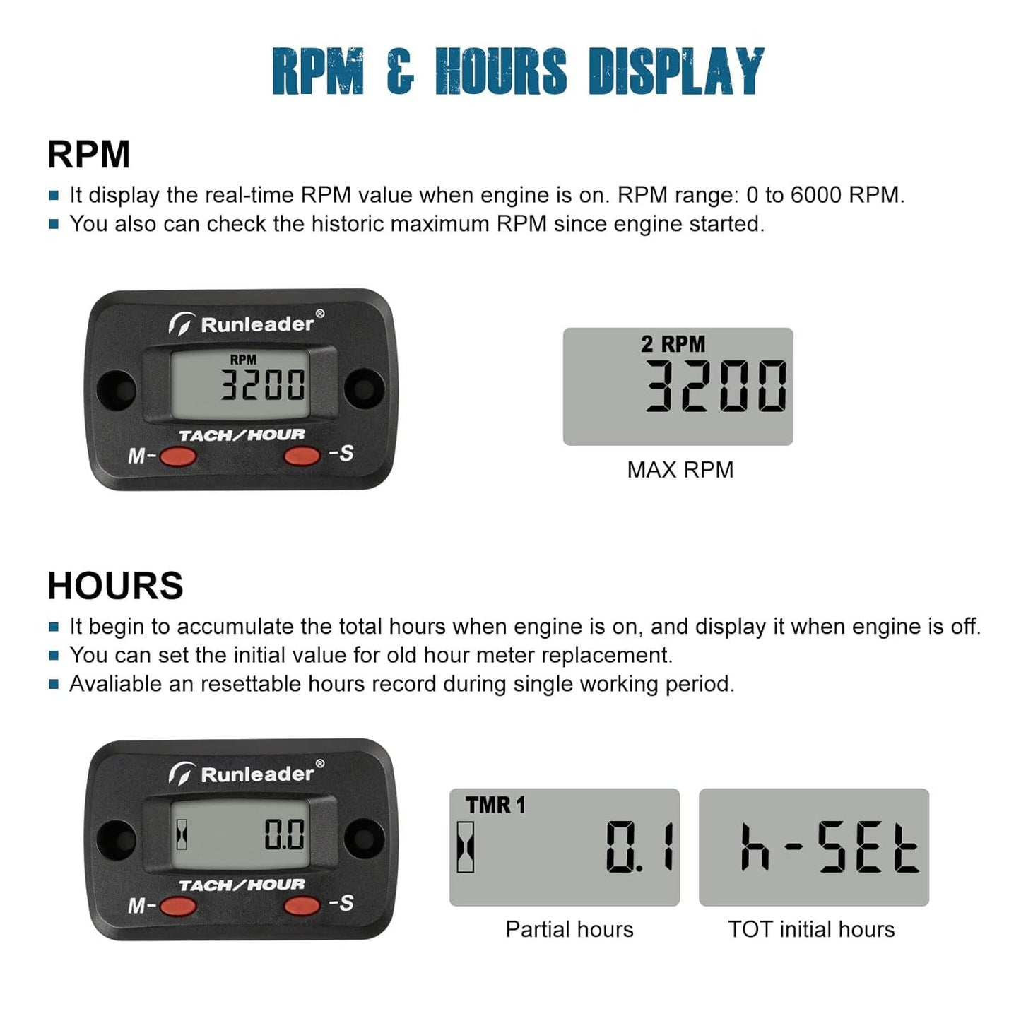 Runleader RL-HM068A LCD Hour Meter Tachometer with Alligator Clip,Maintenance Reminder for Lawn Mower Generator Motorcycle ATV Outboard Motor Jetski Chainsaw etc.