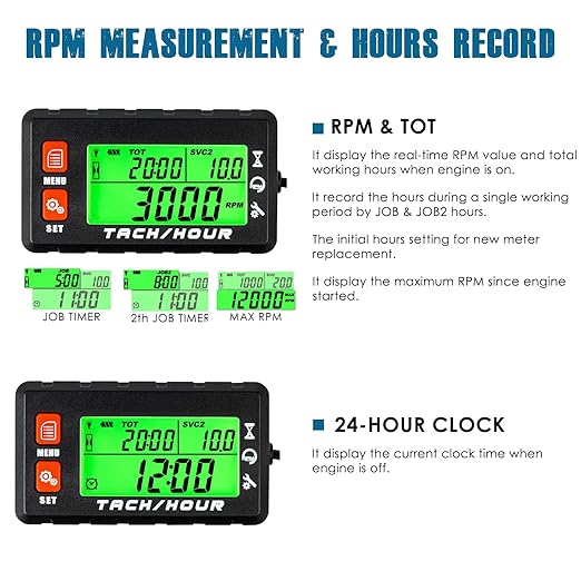 Runleader RL-HM058J Digital Hour Meter Tachometer with Alligator Clip, Maintenance Reminder for Lawn Mower Generator Motorcycle Outboard Motor Chainsaw etc.