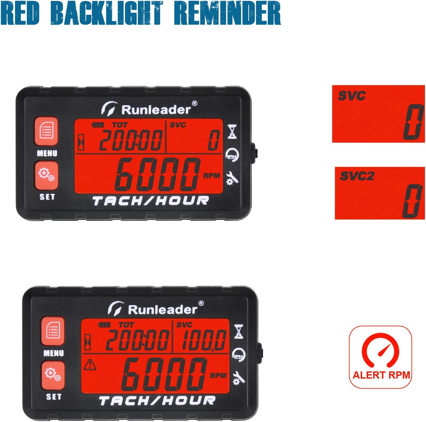 Runleader RL-HM058B Hour Meter Tachometer, Maintenance Reminder, Alert RPM Reminder, Initial Hours Settable, Battery Replaceable, Use for Lawn Mower Generator Marine ATV and Gas Powered Equipment