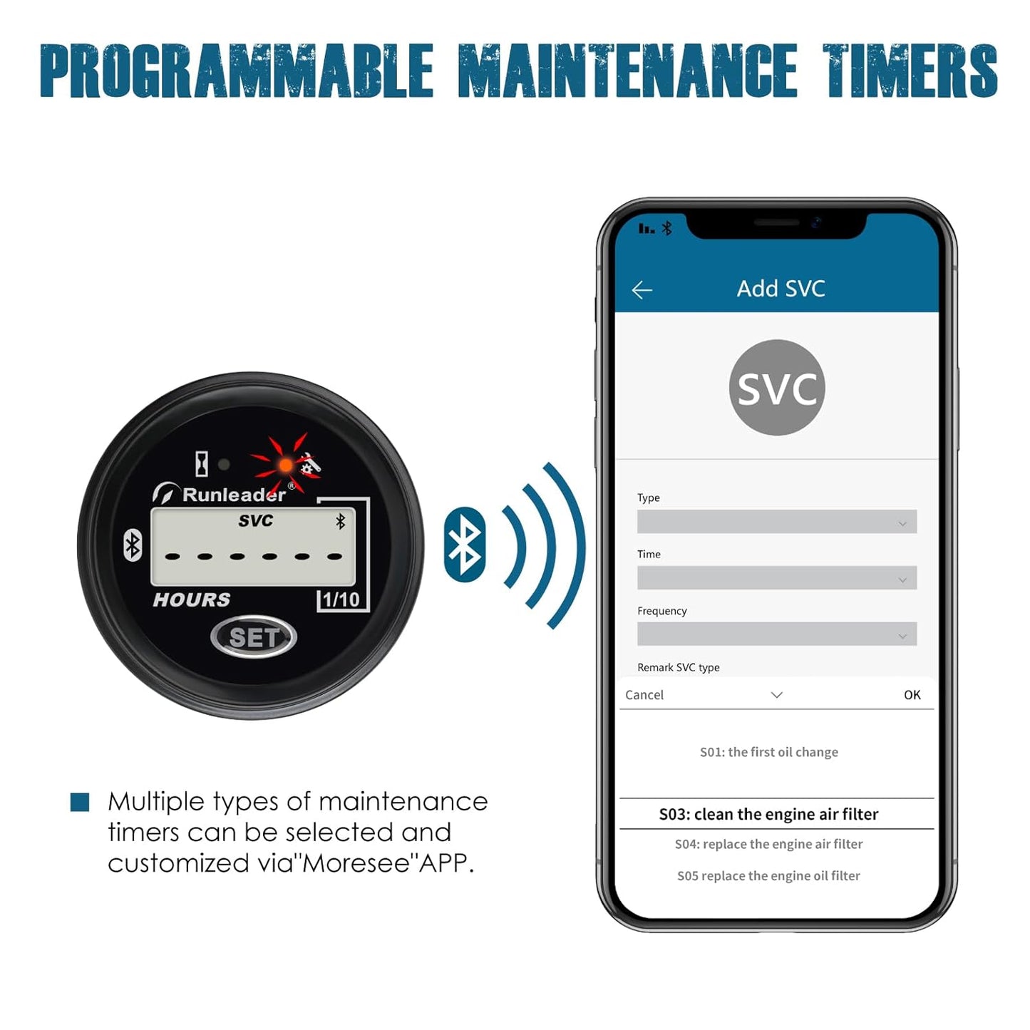 Runleader RL-HM069D LCD Digital Bluetooth Communication Hour Meter,Voltage.AC 8V to 50V/DC 8V to 65V,Multiple Maintenance Reminders,Waterproof Design for Lawn Mower Tractor Boat Snowmobile Scrubber Machine.