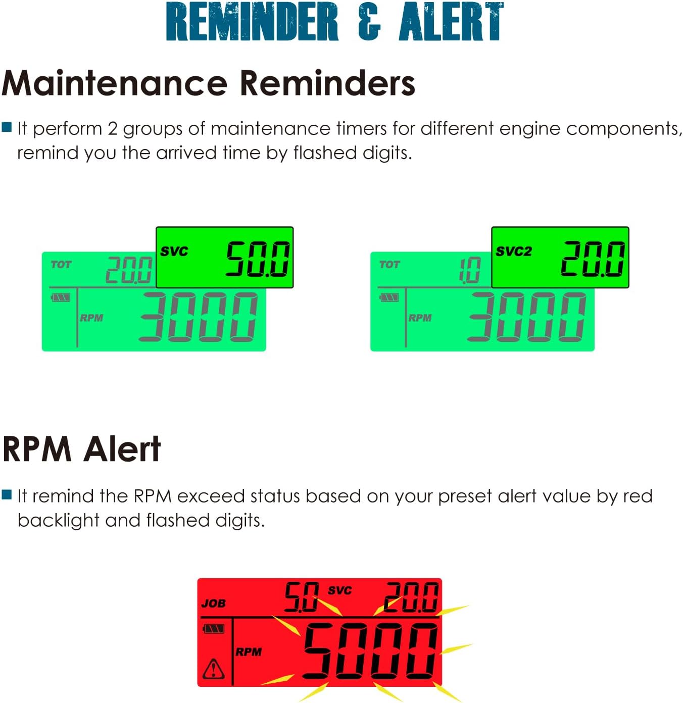 Runleader RL-HM032J Digital Tach/Hour Meter with Alligator Clip, Maintenance Reminder for Garden Tractor Generator Motorcycle Outboard Motor Chainsaw etc.