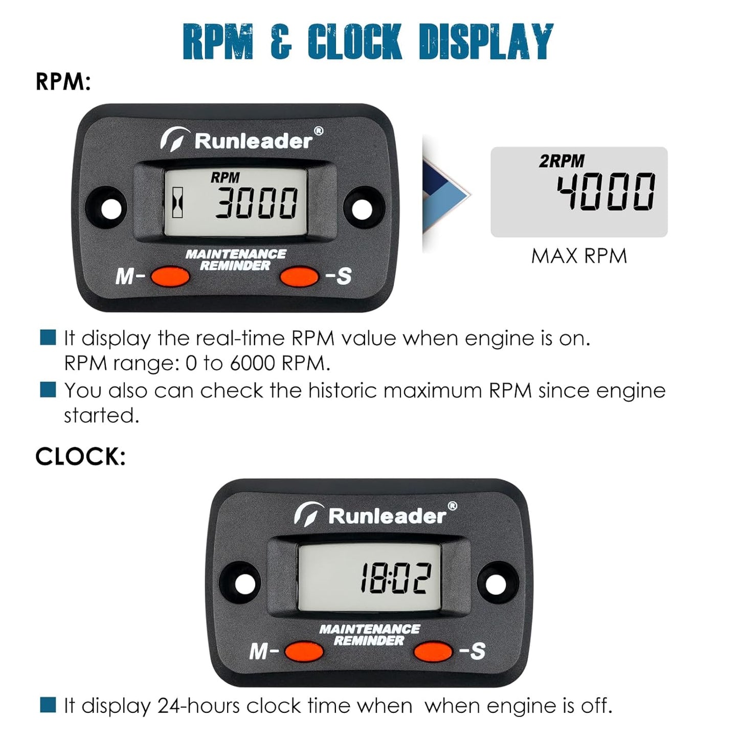 Runleader RL-HM068G Digital Maintenance Hours Tachometer for Lawn Mower Generator Motorcycle ATV Outboard Motor Jetski Chainsaw etc.