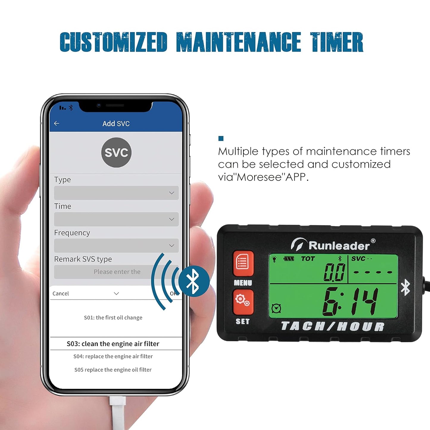Runleader RL-HM058-BT Bluetooth Shunt Tach Hour Meter, Works by Replaceable Battery and DC 12V Power. (RL-HM058-BT)