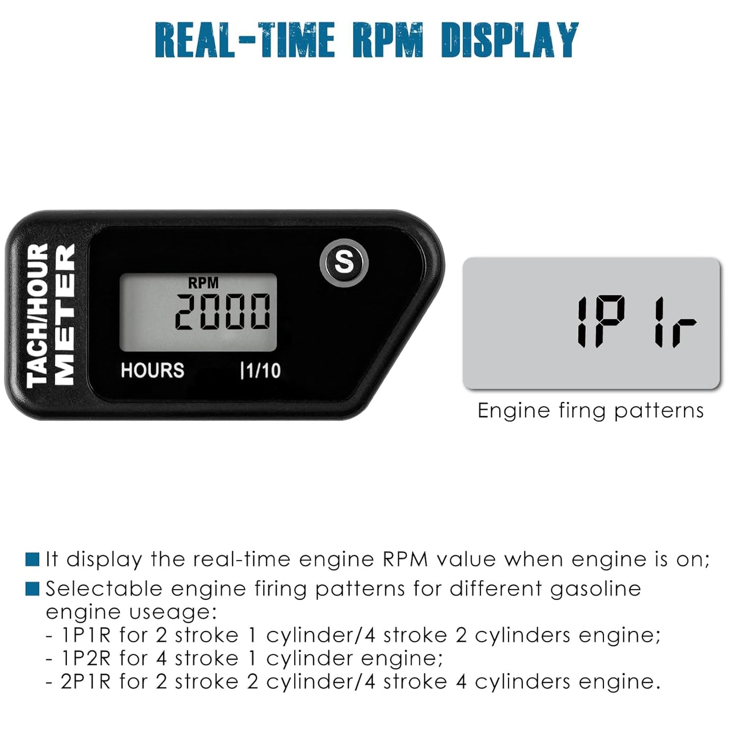 Runleader RL-HM016J Digital Hours Tachometer with Alligator Clip for Garden Tractor Generator Motorcycle ATV Outboard Motor Jetski Chainsaw etc.