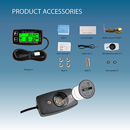 Runleader RL-HM035A Digital Tach Hour Meter, Engine Temperature Gauge, Alert RPM & Temp Backlights Display for Lawn Tractor Compressor Generator Snowmobile