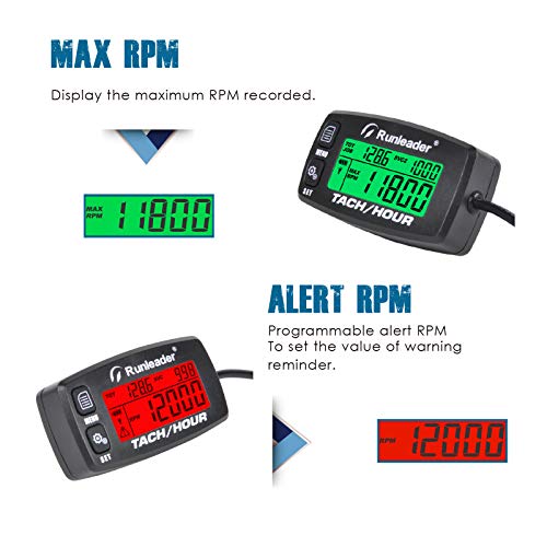 Runleader Hour Meter Tachometer, Maintenance Reminder Alert RPM Backlit Display Initial Hours Setting Battery Replaceable Use for ZTR Mower Generator