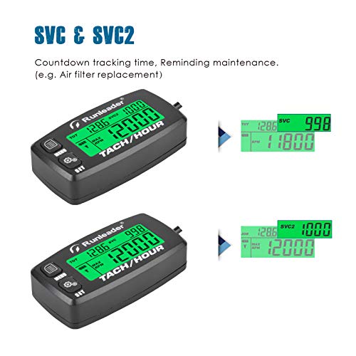 Runleader Hour Meter Tachometer, Maintenance Reminder Alert RPM Backlit Display Initial Hours Setting Battery Replaceable Use for ZTR Mower Generator