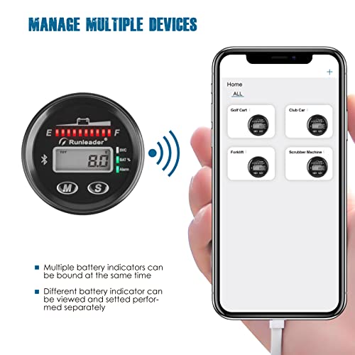 Runleader RL-BI025A-BT 12V to 48V Bluetooth LED Battery Indicator Voltage Gauge with Alert Run Hours Record for Lead Acid Battery