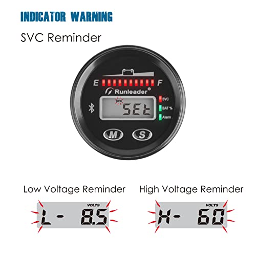 Runleader RL-BI025A-BT 12V to 48V Bluetooth LED Battery Indicator Voltage Gauge with Alert Run Hours Record for Lead Acid Battery