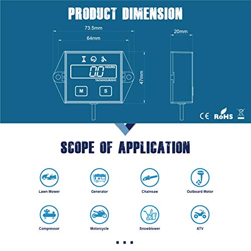 Runleader RL-HM011E Digital Hour Meter Tachometer, Maintenance Reminder, User Shutdown, Use for ZTR Lawn Mower Tractor Generator Marine Outboard ATV Motor