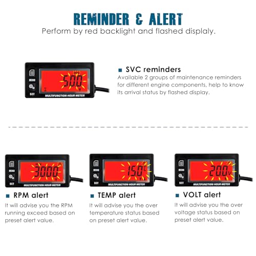 Runleader RL-HM028A Digital Hours Tachometer, Engine Temperature Gauge, Backlight Display, Large LCD Screen, Battery Replaceable for Garden Mower Generator