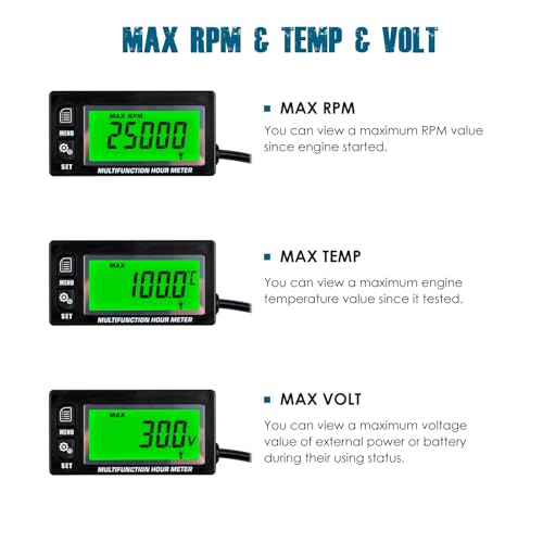 Runleader RL-HM028A Digital Hours Tachometer, Engine Temperature Gauge, Backlight Display, Large LCD Screen, Battery Replaceable for Garden Mower Generator