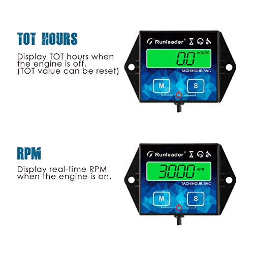 Runleader Backlight Hour Meter Tachometer, Maintenance Reminder, Battery Replaceable, User Shutdown,Use for Lawn Mower Tractor Generator Marine ATV