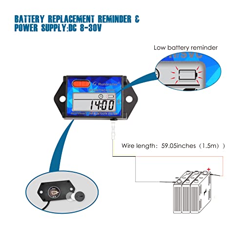 Runleader RL-HM027-BT Digital Bluetooth Hours Tachometer APP Remote Controlled Tach/ Hour Meter Maintenance Reminder & RPM Alert Battery or DC Power Supply