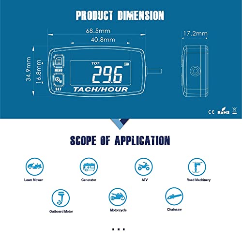 Runleader Digital Maintenance Tach/ Hour Meter for Small Gas Engine,Used on Riding Lawn Tractor Generator Compressor Chainsaws