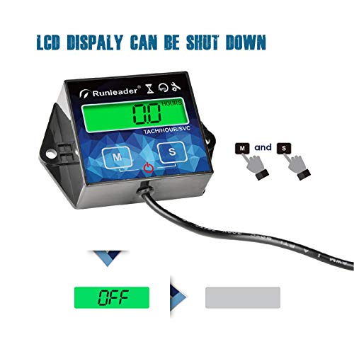Runleader Backlight Hour Meter Tachometer, Maintenance Reminder, Battery Replaceable, User Shutdown,Use for Lawn Mower Tractor Generator Marine ATV
