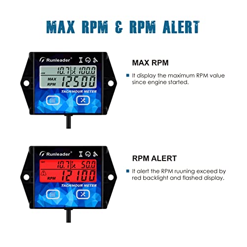 Runleader RL-HM011HB Digital LCD Tach Hour Meter Maintenance Reminder Multiple Display with Backlight for Garden Tractor Wood Splitter Brush Cutter Generator