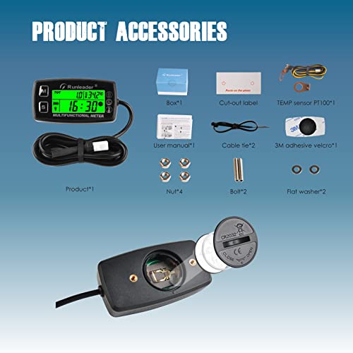 Runleader RL-HM035A Digital Tach Hour Meter, Engine Temperature Gauge, Alert RPM & Temp Backlights Display for Lawn Tractor Compressor Generator Snowmobile