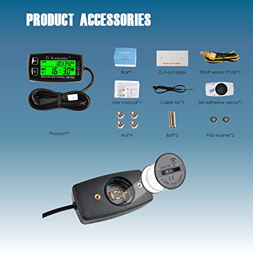 Runleader RL-HM035A Digital Tach Hour Meter, Engine Temperature Gauge, Alert RPM & Temp Backlights Display for Lawn Tractor Compressor Generator Snowmobile