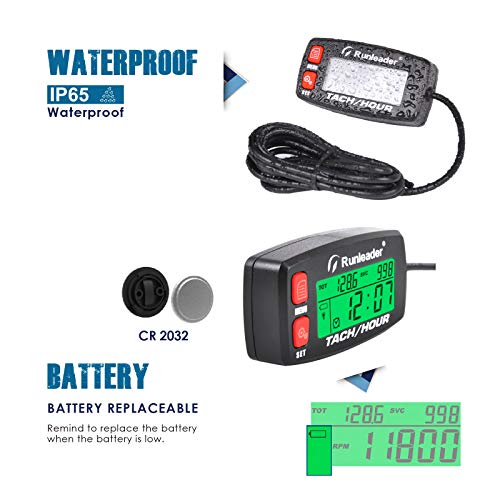 Runleader Hour Meter Tachometer, Maintenance Reminder Alert RPM Backlit Display Initial Hours Setting Battery Replaceable Use for ZTR Mower Generator