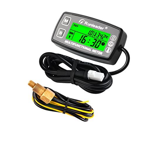 Runleader RL-HM035A Digital Tach Hour Meter, Engine Temperature Gauge, Alert RPM & Temp Backlights Display for Lawn Tractor Compressor Generator Snowmobile