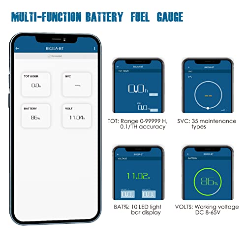Runleader RL-BI025A-BT 12V to 48V Bluetooth LED Battery Indicator Voltage Gauge with Alert Run Hours Record for Lead Acid Battery