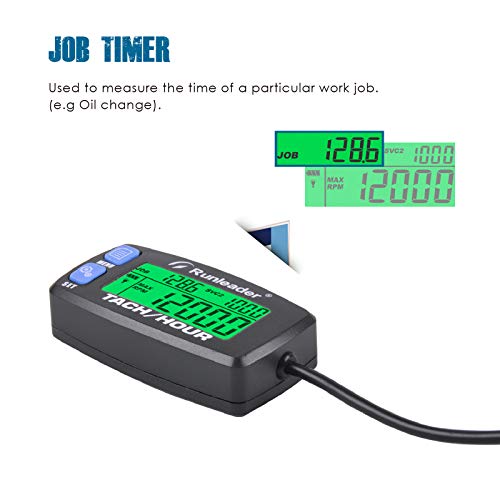 Runleader Hour Meter Tachometer, Maintenance Reminder Alert RPM Backlit Display Initial Hours Setting Battery Replaceable Use for ZTR Mower Generator