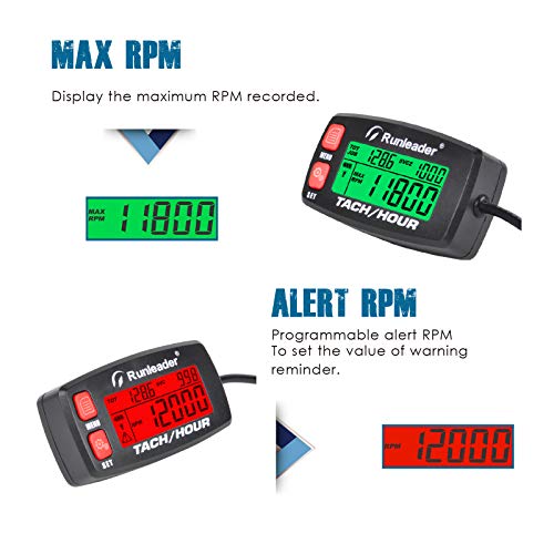 Runleader Hour Meter Tachometer, Maintenance Reminder Alert RPM Backlit Display Initial Hours Setting Battery Replaceable Use for ZTR Mower Generator