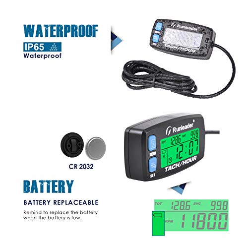 Runleader Hour Meter Tachometer, Maintenance Reminder Alert RPM Backlit Display Initial Hours Setting Battery Replaceable Use for ZTR Mower Generator